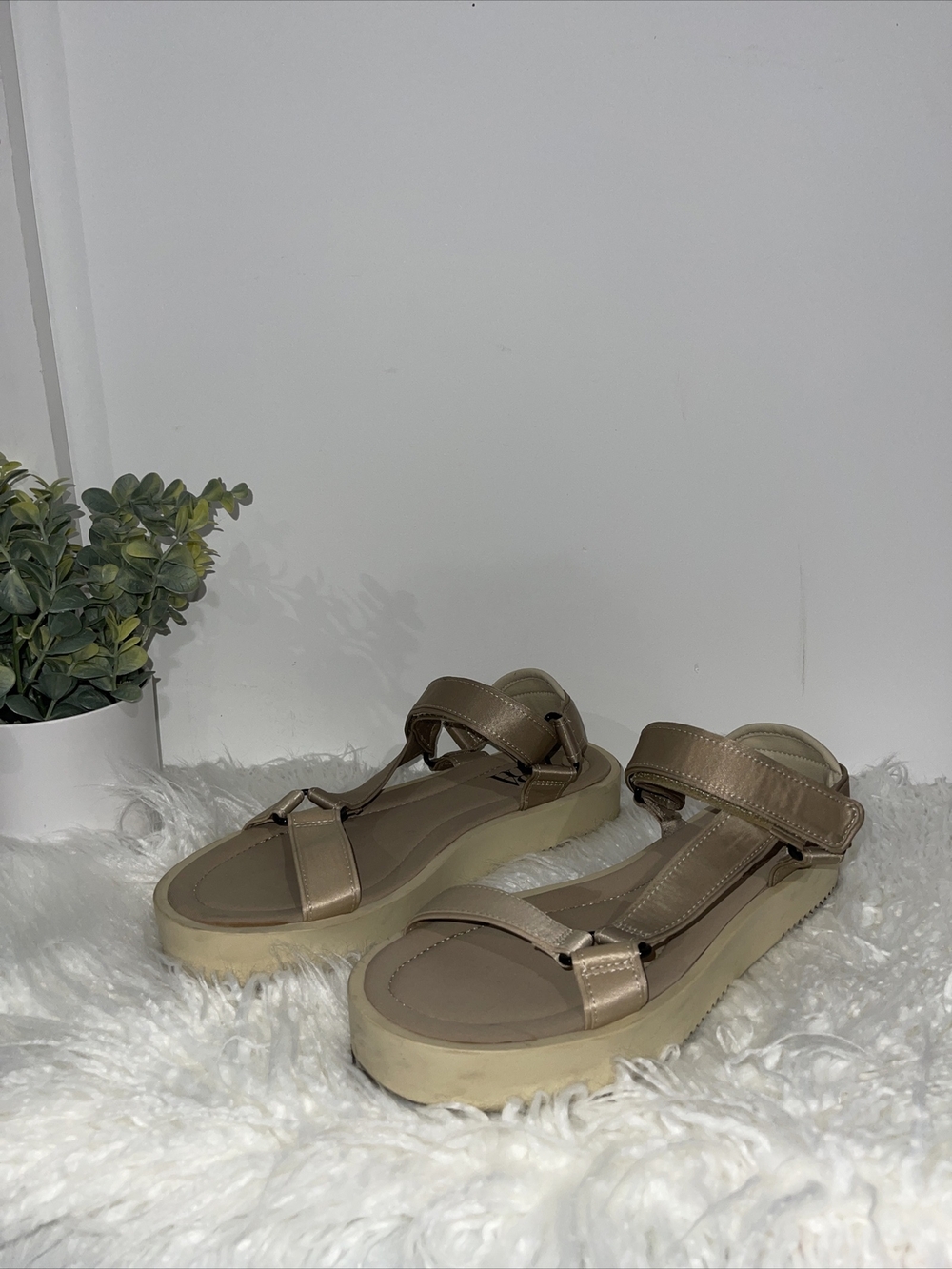 Zara Womens Beige Tan Technical Platform Strappy Sandals Size 38